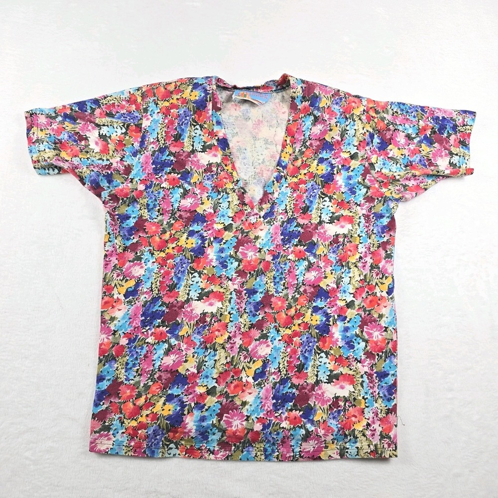 L.A. Annex Vintage Womens Floral V-Neck T-Shirt Multicolor Short Sleeve Medium